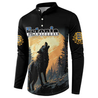 Black long-sleeve button sweatshirt with wolf and Estonia front print, gold patterned cuffs