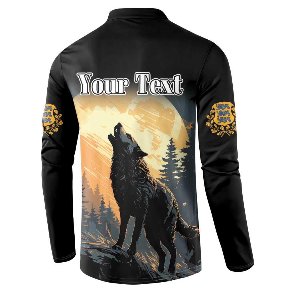Black long-sleeve button sweatshirt with 'Your Text' back print, wolf and forest scene, gold cuffs
