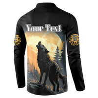 Black long-sleeve button sweatshirt with 'Your Text' back print, wolf and forest scene, gold cuffs