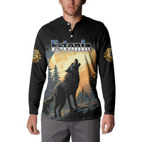 Black long-sleeve button sweatshirt with Estonia front print, wolf in moonlit forest, gold cuffs