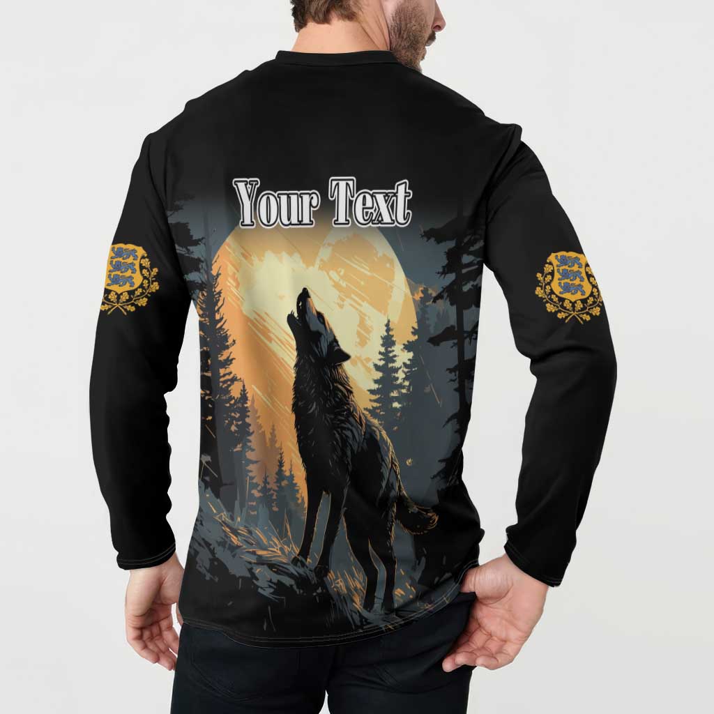 Black long-sleeve button sweatshirt with 'Your Text' back print, standing wolf and forest, gold cuffs
