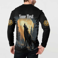 Black long-sleeve button sweatshirt with 'Your Text' back print, standing wolf and forest, gold cuffs