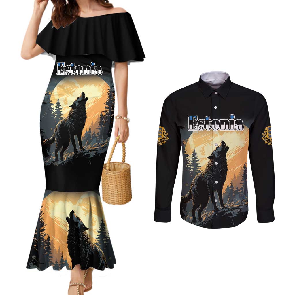 Personalized Estonia Couples Matching Mermaid Dress and Long Sleeve Button Shirt Wolf Howling At The Moon