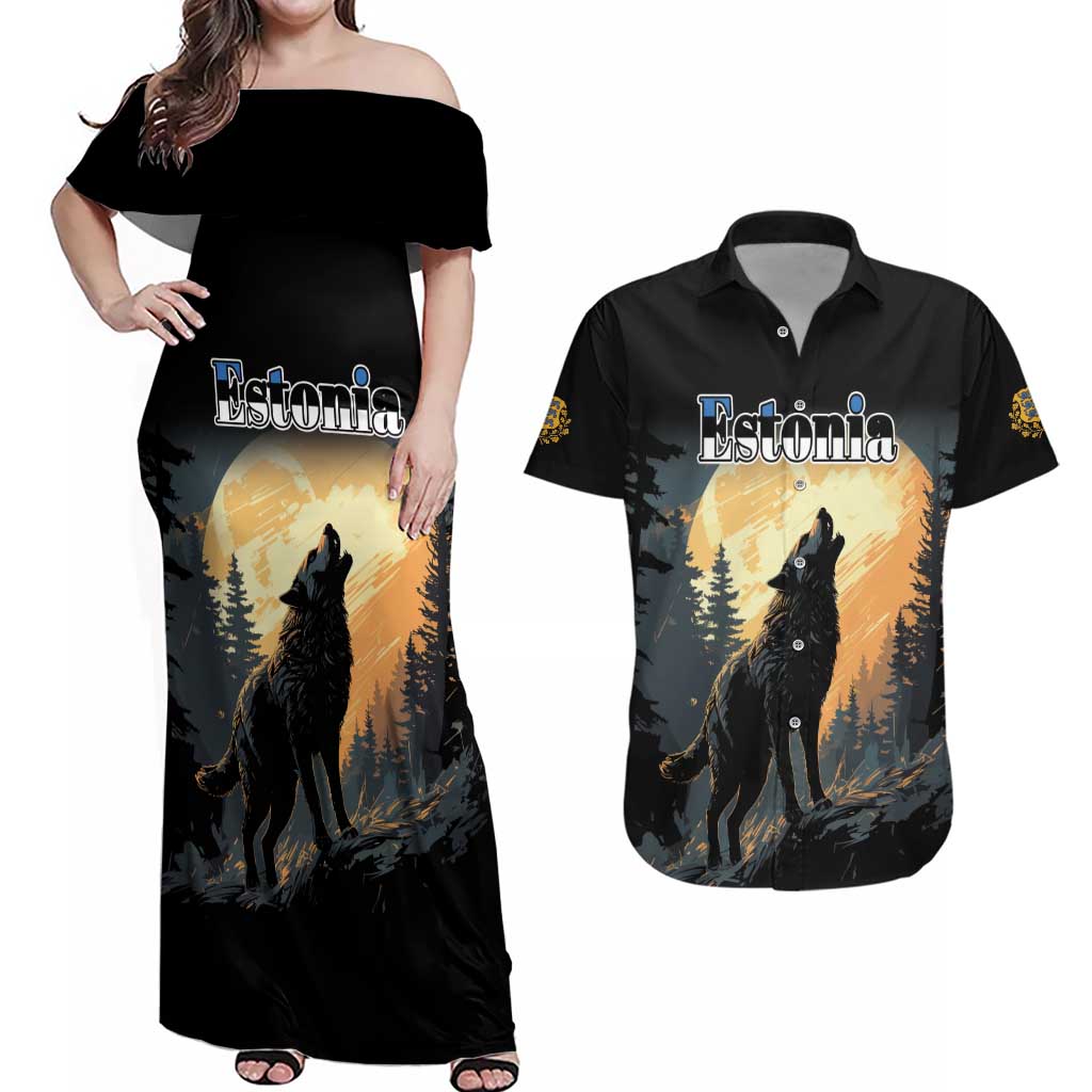 Personalized Estonia Couples Matching Off Shoulder Maxi Dress and Hawaiian Shirt Wolf Howling At The Moon - Wonder Print Shop