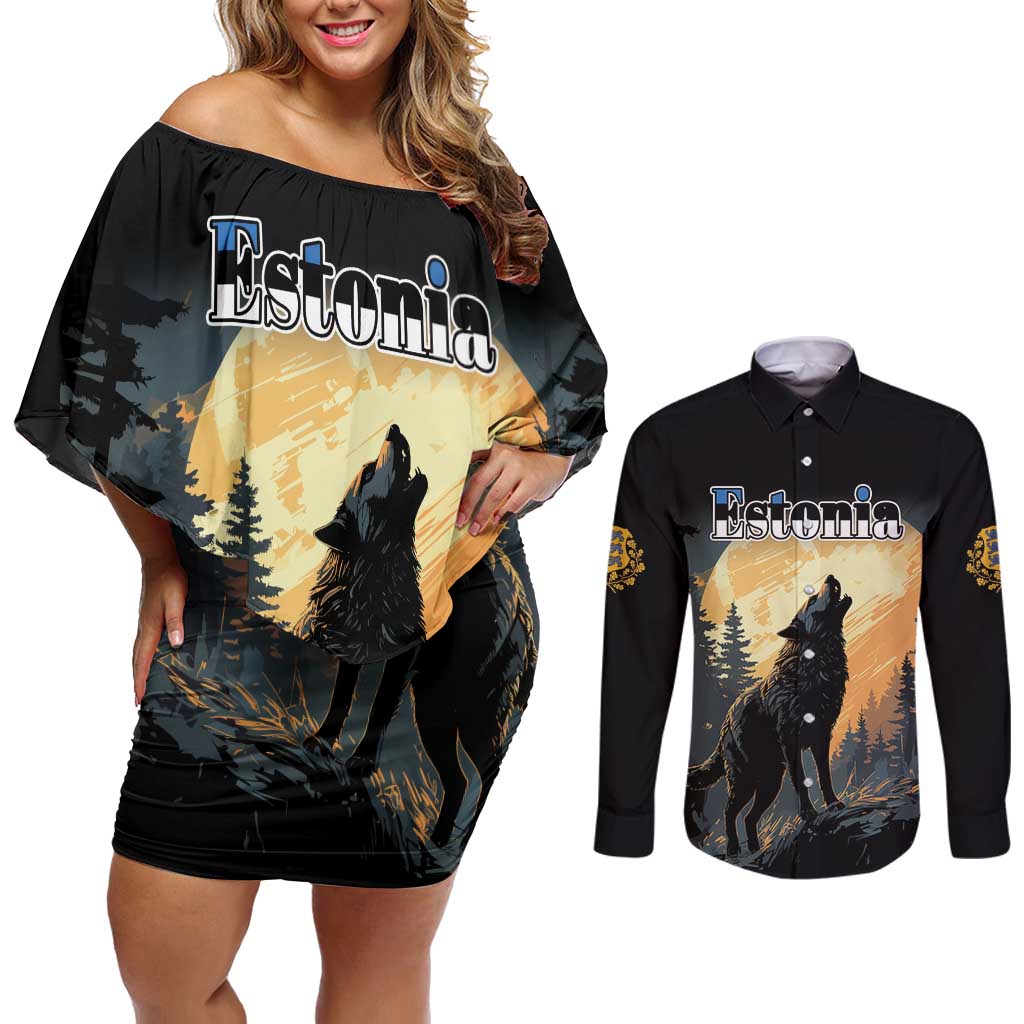 Personalized Estonia Couples Matching Off Shoulder Short Dress and Long Sleeve Button Shirt Wolf Howling At The Moon - Wonder Print Shop