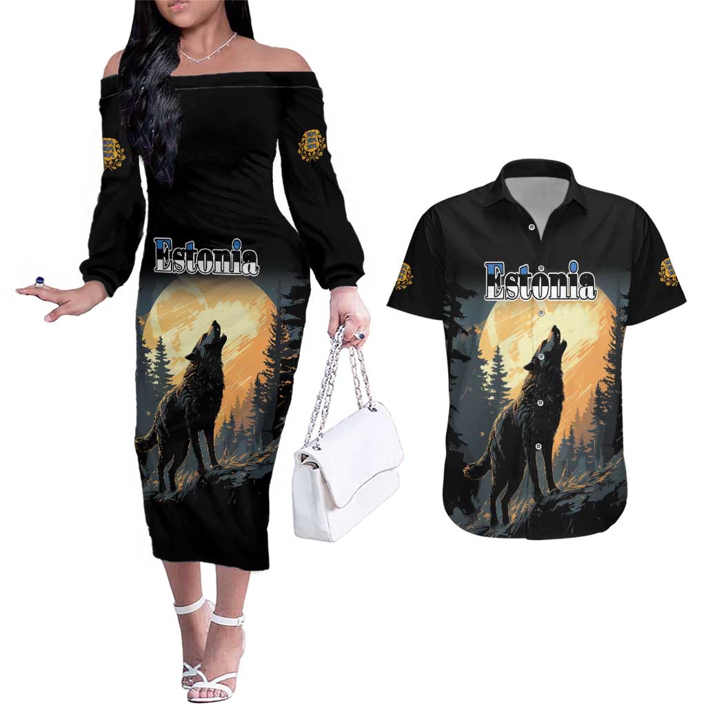 Personalized Estonia Couples Matching Off The Shoulder Long Sleeve Dress and Hawaiian Shirt Wolf Howling At The Moon - Wonder Print Shop