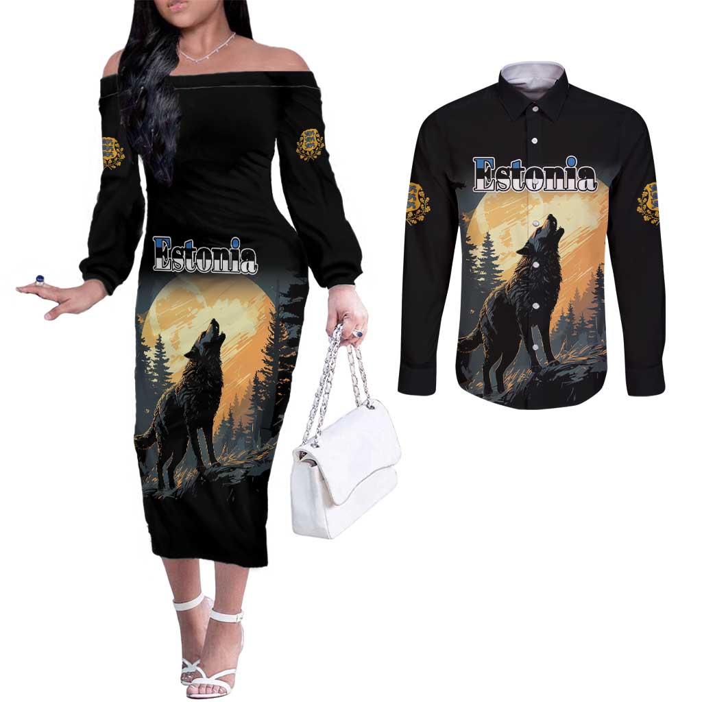 Personalized Estonia Couples Matching Off The Shoulder Long Sleeve Dress and Long Sleeve Button Shirt Wolf Howling At The Moon