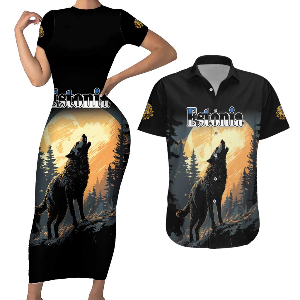 Personalized Estonia Couples Matching Short Sleeve Bodycon Dress and Hawaiian Shirt Wolf Howling At The Moon - Wonder Print Shop