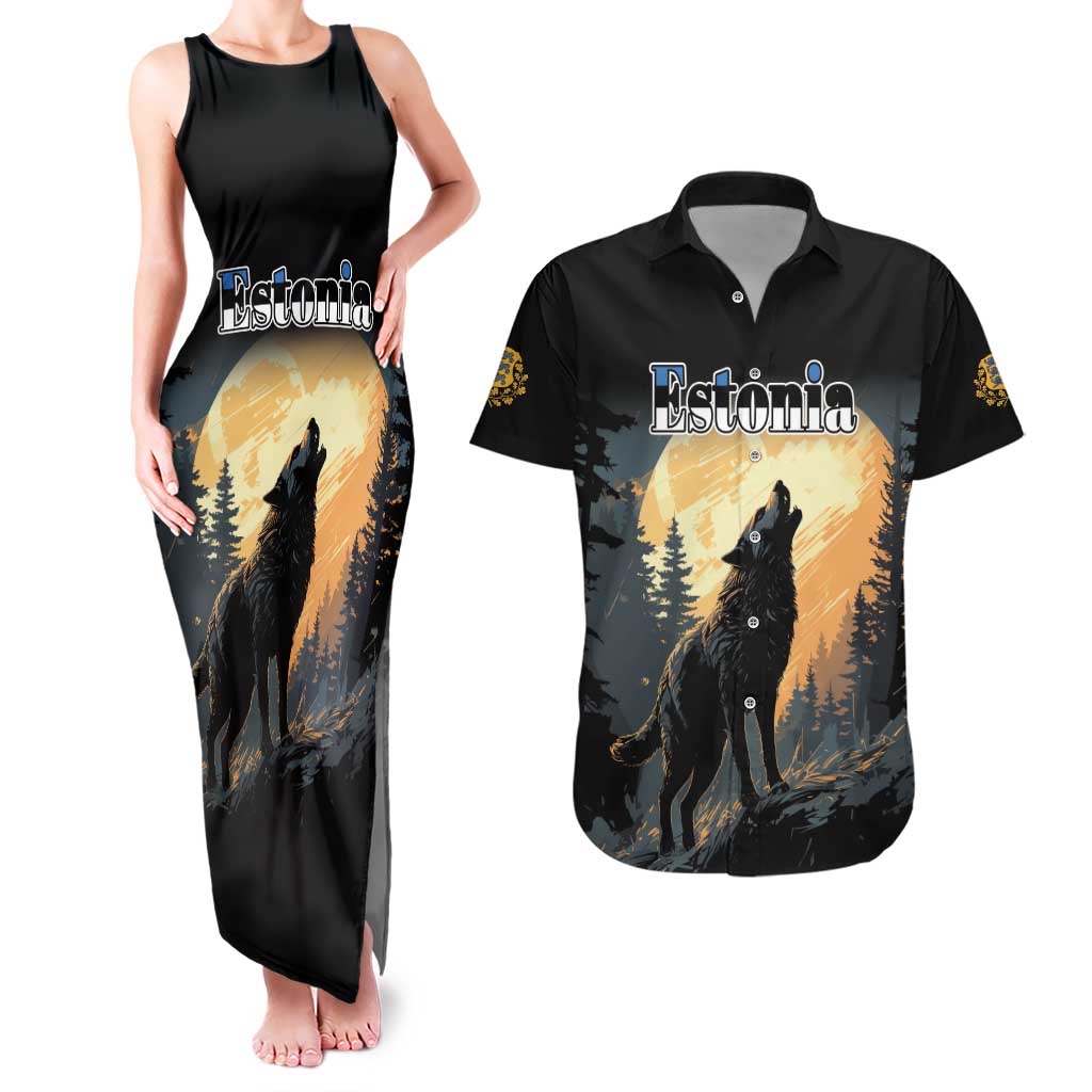 Personalized Estonia Couples Matching Tank Maxi Dress and Hawaiian Shirt Wolf Howling At The Moon - Wonder Print Shop