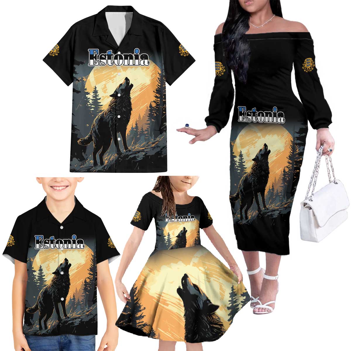 Personalized Estonia Family Matching Off The Shoulder Long Sleeve Dress and Hawaiian Shirt Wolf Howling At The Moon - Wonder Print Shop