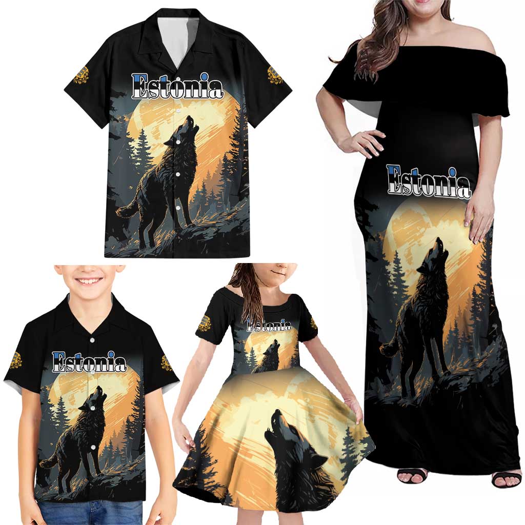 Personalized Estonia Family Matching Off Shoulder Maxi Dress and Hawaiian Shirt Wolf Howling At The Moon - Wonder Print Shop