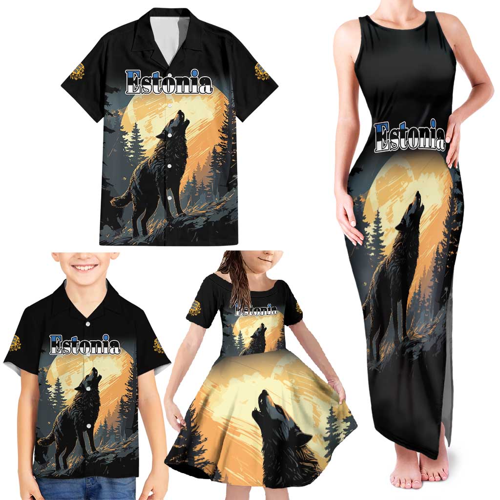 Personalized Estonia Family Matching Tank Maxi Dress and Hawaiian Shirt Wolf Howling At The Moon - Wonder Print Shop