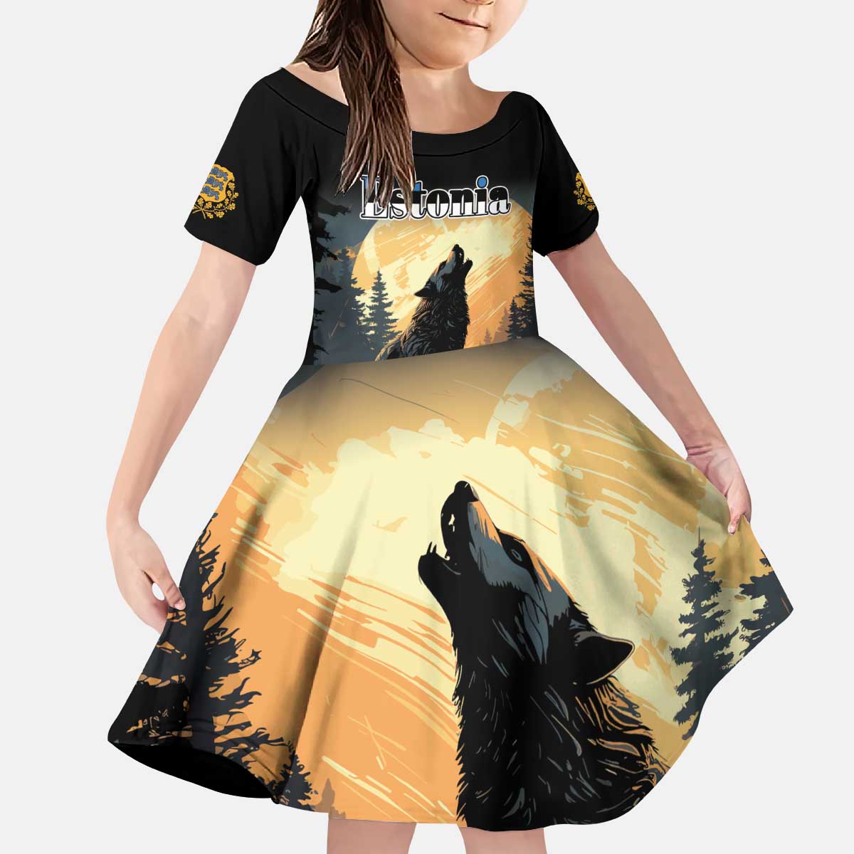 Personalized Estonia Kid Short Sleeve Dress Wolf Howling At The Moon - Wonder Print Shop