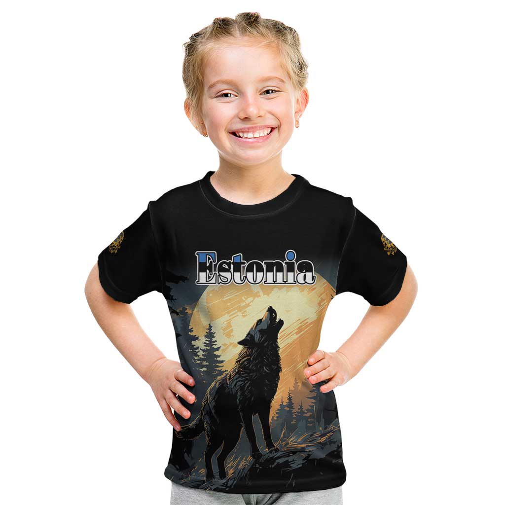 Personalized Estonia Kid T Shirt Wolf Howling At The Moon - Wonder Print Shop