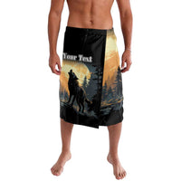 Black graphic swim trunks with howling wolf and moon over pine trees