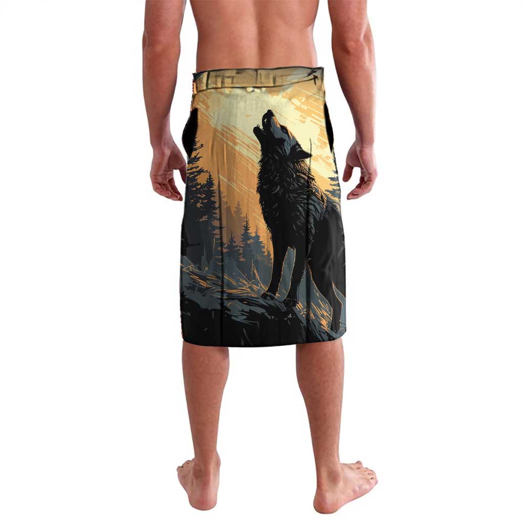 Black graphic swim trunks with standing wolf silhouette on moonlit forest