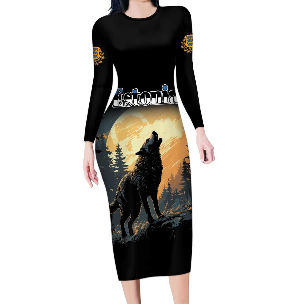 Personalized Estonia Long Sleeve Bodycon Dress Wolf Howling At The Moon - Wonder Print Shop