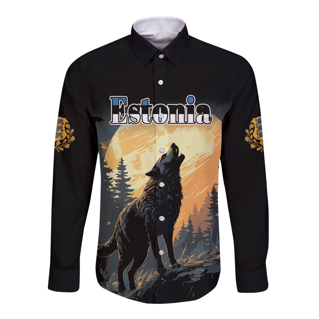 Personalized Estonia Long Sleeve Button Shirt Wolf Howling At The Moon - Wonder Print Shop