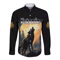 Black long-sleeve button shirt with Estonia text and wolf artwork on front