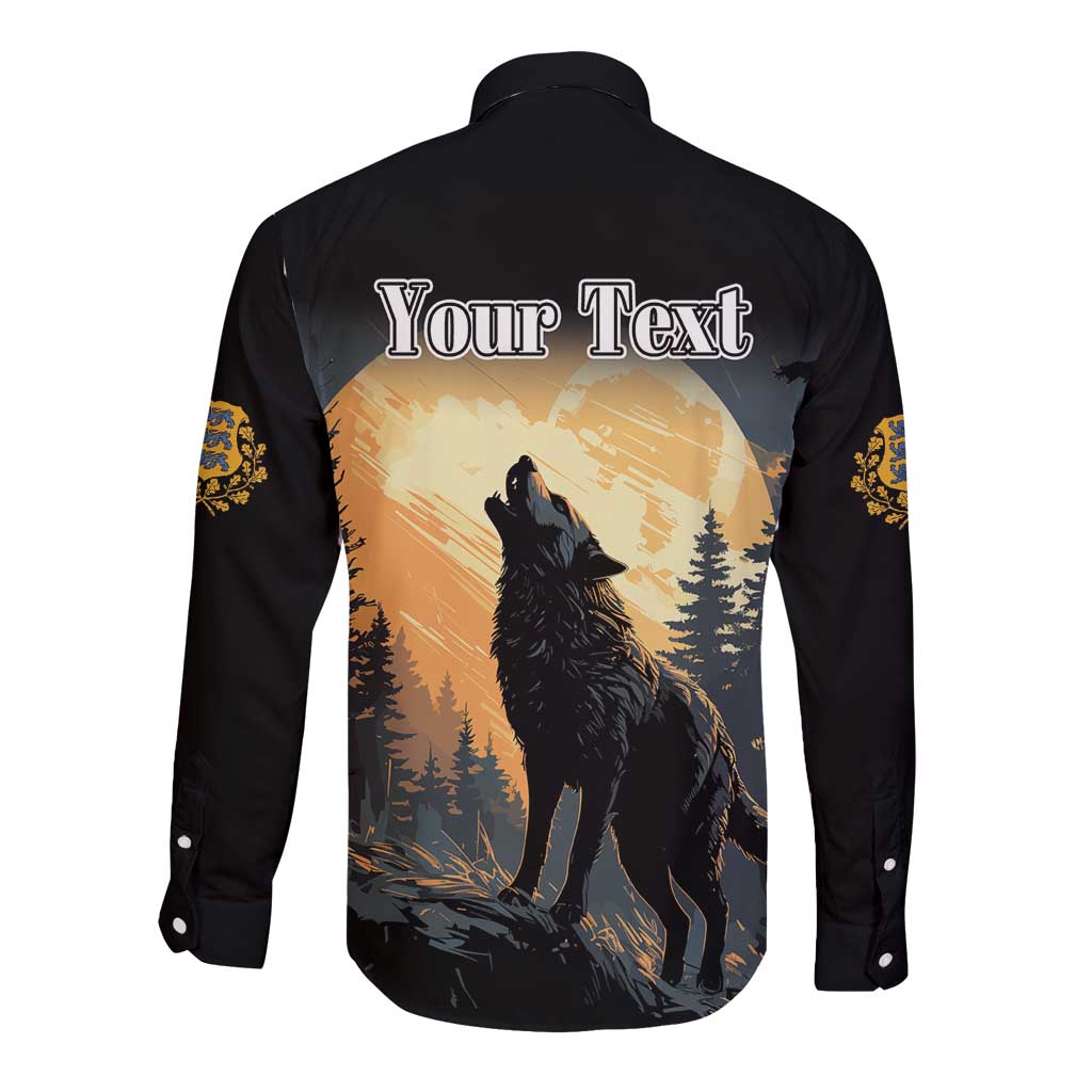 Black long-sleeve button shirt with "Your Text" and wolf artwork on back