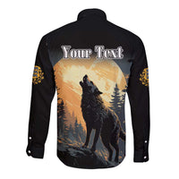 Black long-sleeve button shirt with "Your Text" and wolf artwork on back