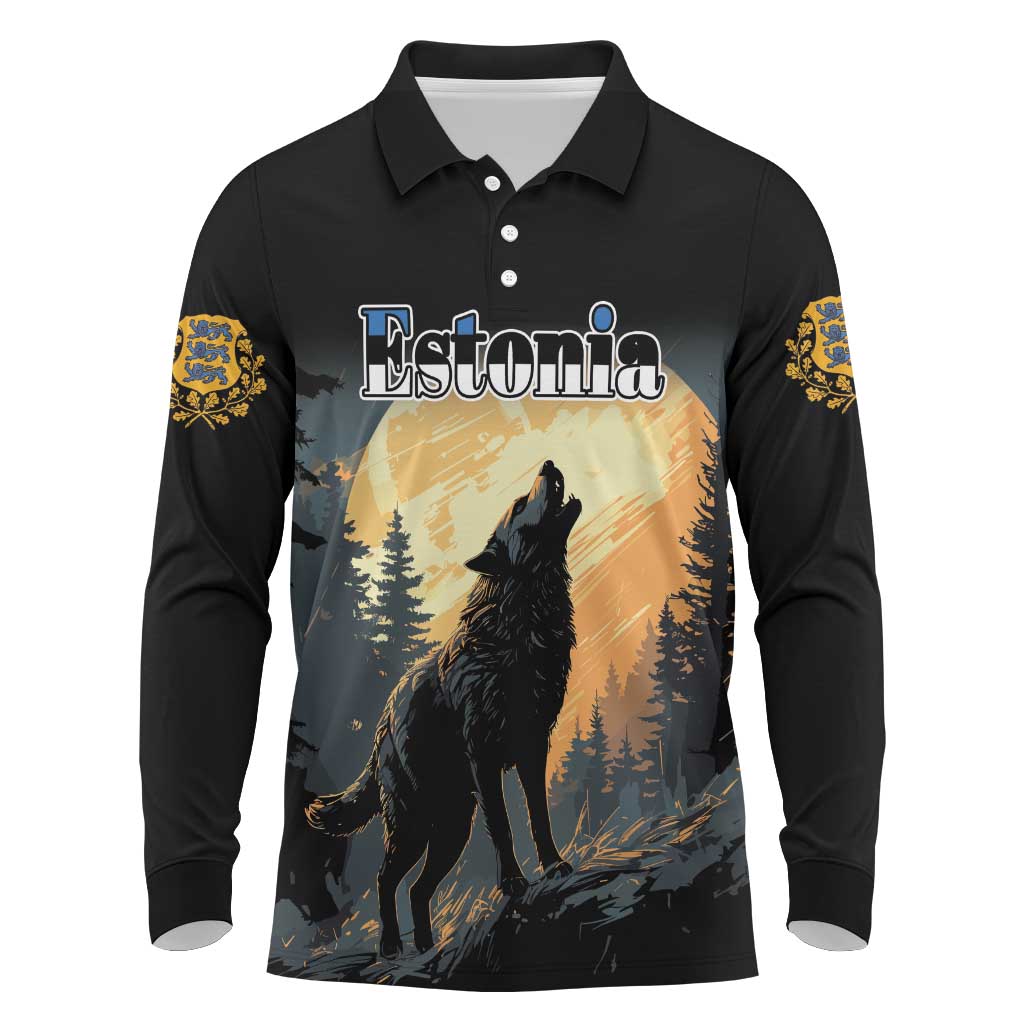 Personalized Estonia Long Sleeve Polo Shirt Wolf Howling At The Moon - Wonder Print Shop