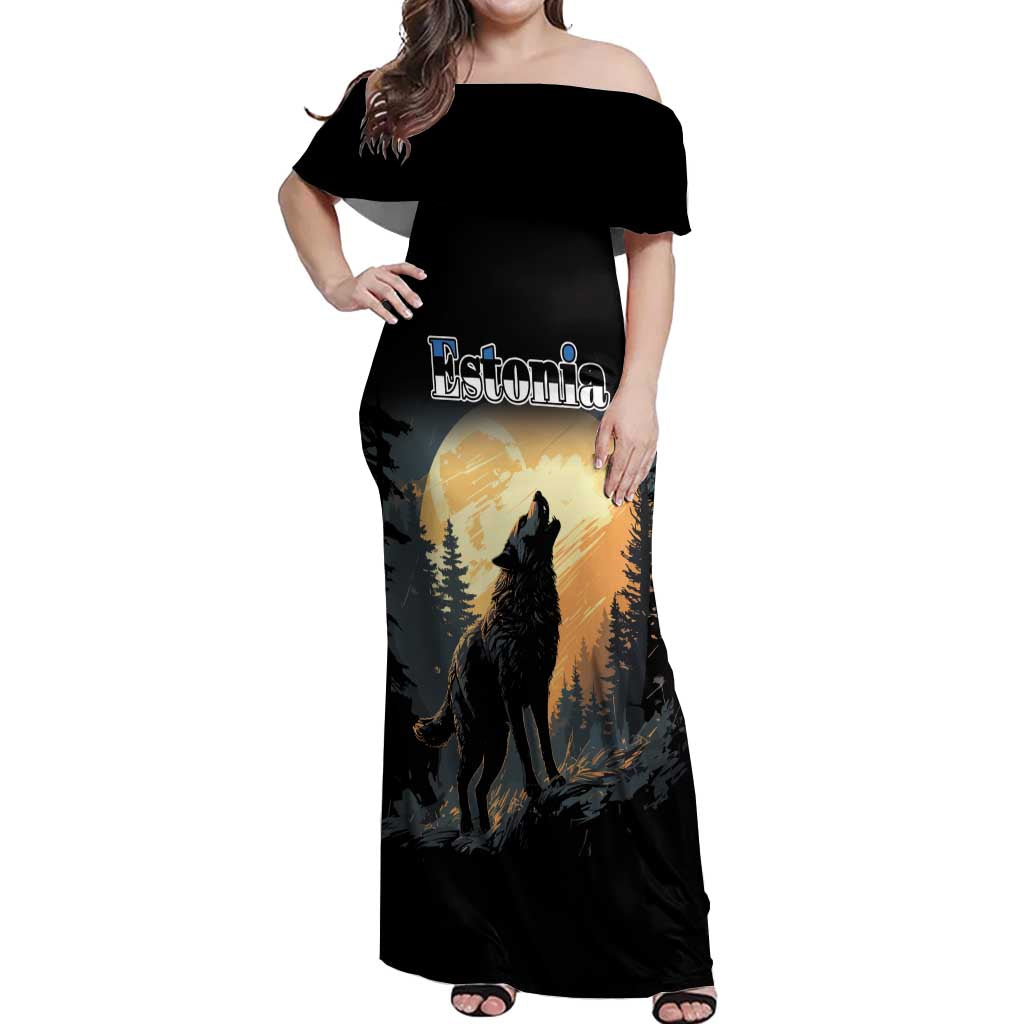 Personalized Estonia Off Shoulder Maxi Dress Wolf Howling At The Moon - Wonder Print Shop