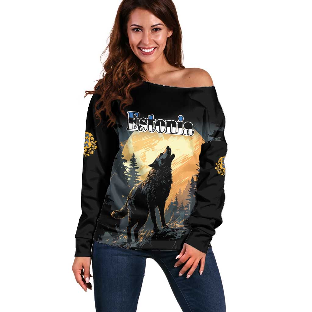 Personalized Estonia Off Shoulder Sweater Wolf Howling At The Moon