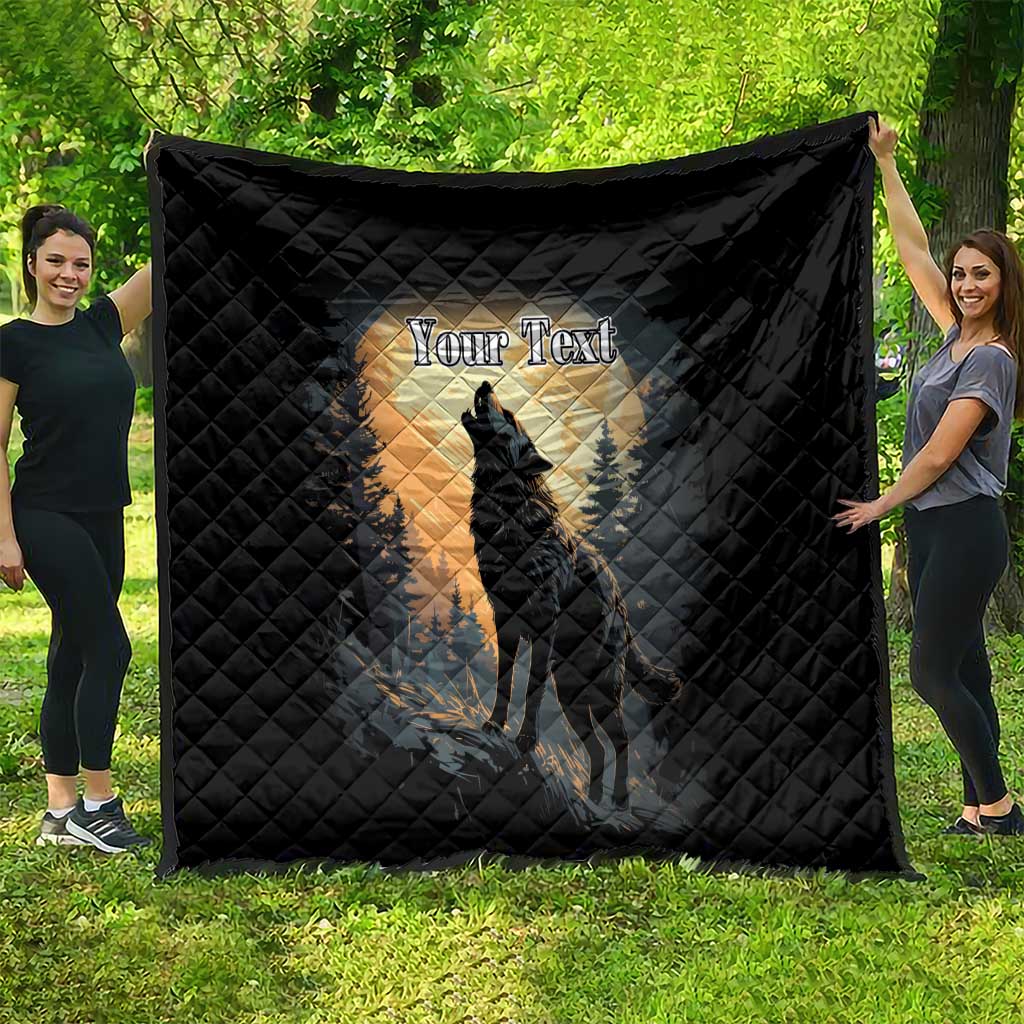 Black quilt blanket featuring wolf howling under moon with “Your Text” personalization area