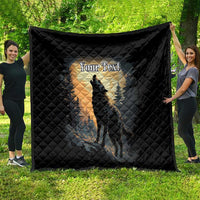 Black quilt blanket featuring wolf howling under moon with “Your Text” personalization area