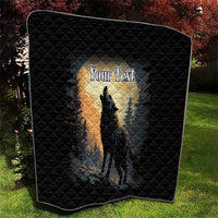 Black quilt blanket with wolf howling under moon scene, quilted diamond stitch border