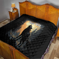 Black quilt blanket on bed with wolf howling under moon graphic and “Your Text”