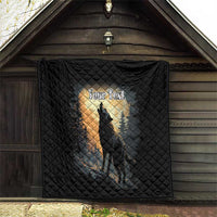 Black quilt blanket with wolf howling under moon artwork and “Your Text” centered