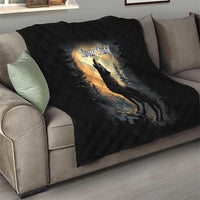 Black quilt blanket on sofa with wolf howling under moon scene and “Your Text”