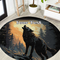 Round black rug with howling wolf silhouette over forest moon scene, custom text banner