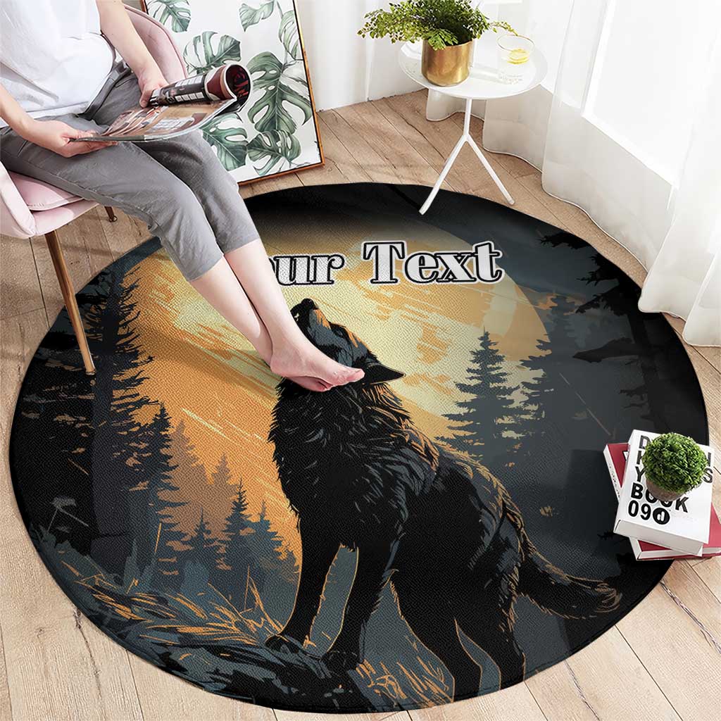 Round black wolf rug with forest and sunrise sky graphic, custom text banner