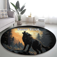 Round black rug featuring a howling wolf with moonlit forest, custom text banner