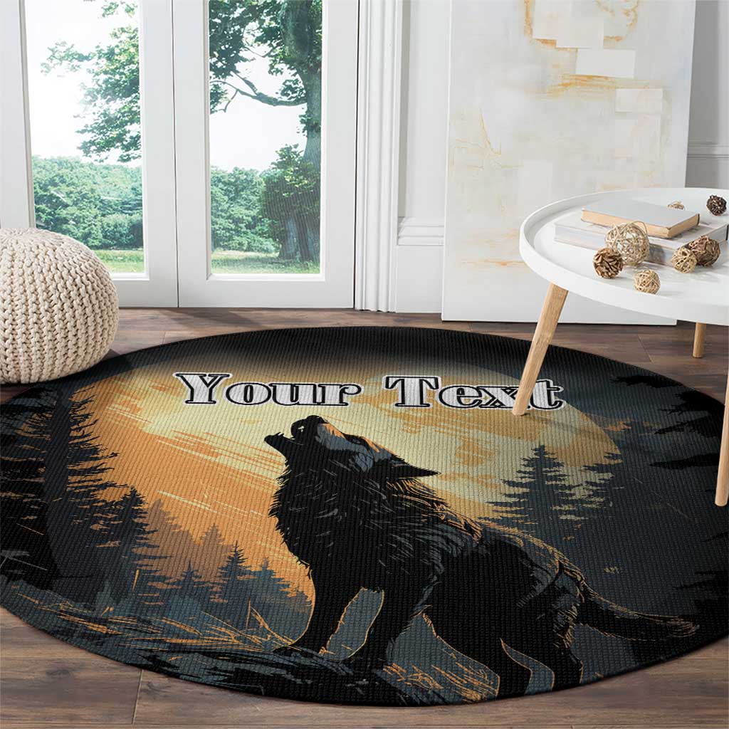 Round black rug with howling wolf silhouette and stylized forest moon background, custom text