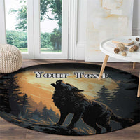 Round black rug with howling wolf silhouette and stylized forest moon background, custom text