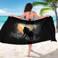 Black personalized wolf sarong, back view with moon and forest wolf print