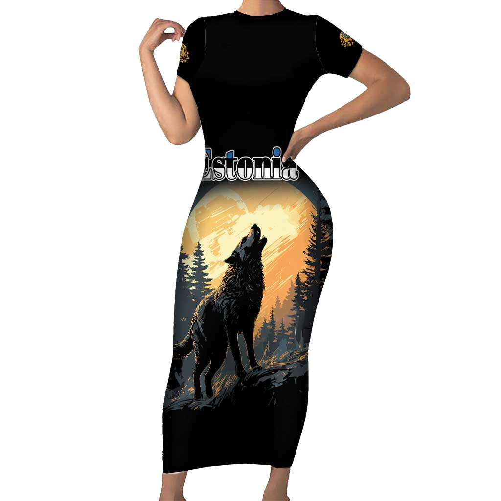 Personalized Estonia Short Sleeve Bodycon Dress Wolf Howling At The Moon - Wonder Print Shop