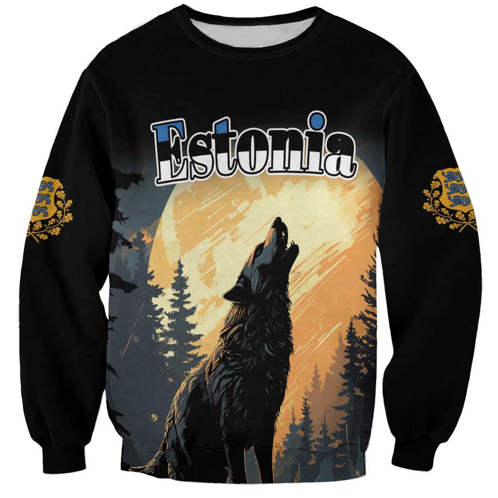 Unisex black sweatshirt with Estonia graphic wolf howling at moon, long sleeves