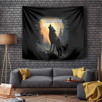 Black wolf howling moon tapestry with pine forest scene and "Your Text" header