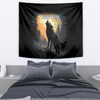 Black wall tapestry featuring a wolf howling at the moon over pine trees and "Your Text"
