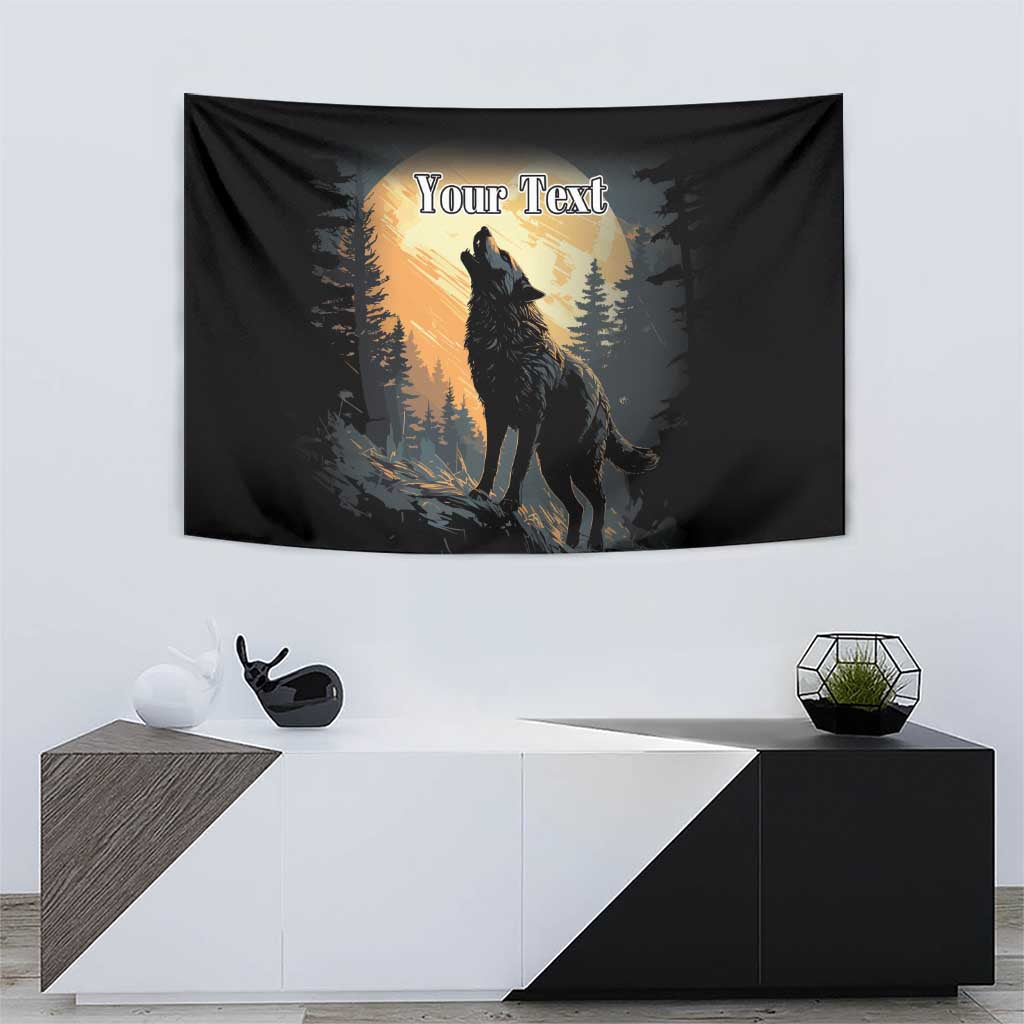 Black wolf howling tapestry with glowing moon, pine forest backdrop, and "Your Text"