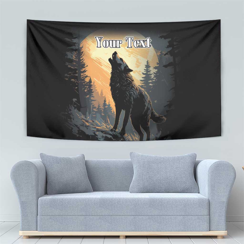 Black tapestry with wolf howling in front of a bright moon and pine trees, "Your Text"