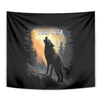 Black wolf howling tapestry with moonlight glow and pine trees, "Your Text" at top