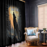 Black wolf-themed window curtain panel with gold moonlit forest and custom “Your Text”