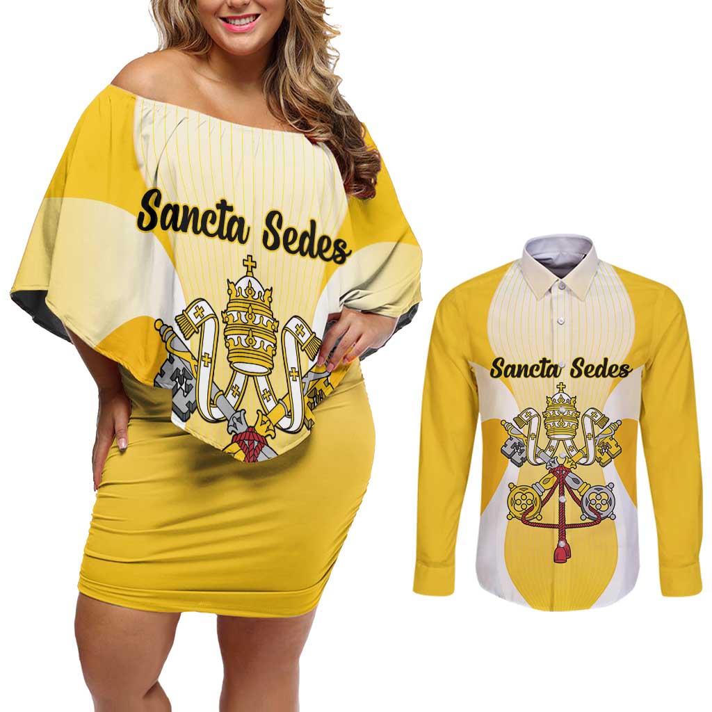 Personalized Holy See - Vatican City Couples Matching Off Shoulder Short Dress and Long Sleeve Button Shirt Sporty Style