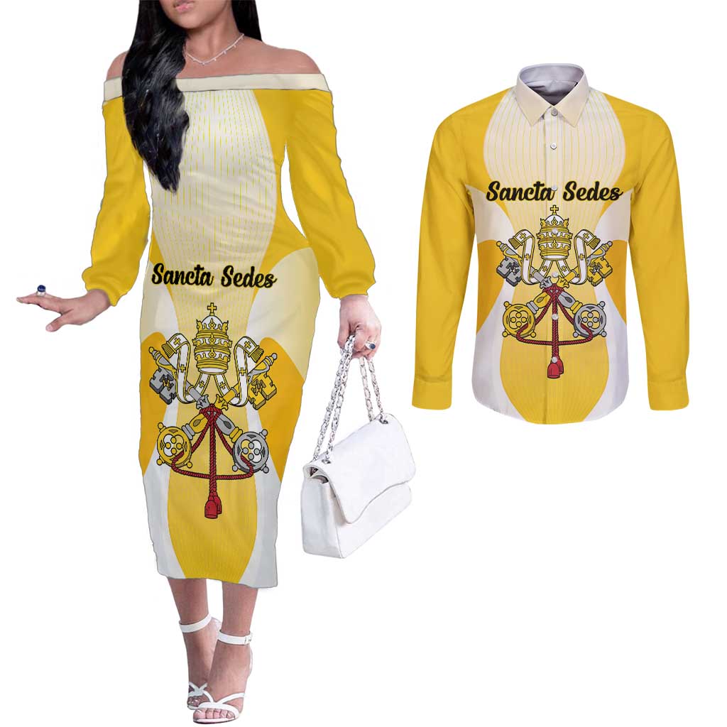 Personalized Holy See - Vatican City Couples Matching Off The Shoulder Long Sleeve Dress and Long Sleeve Button Shirt Sporty Style